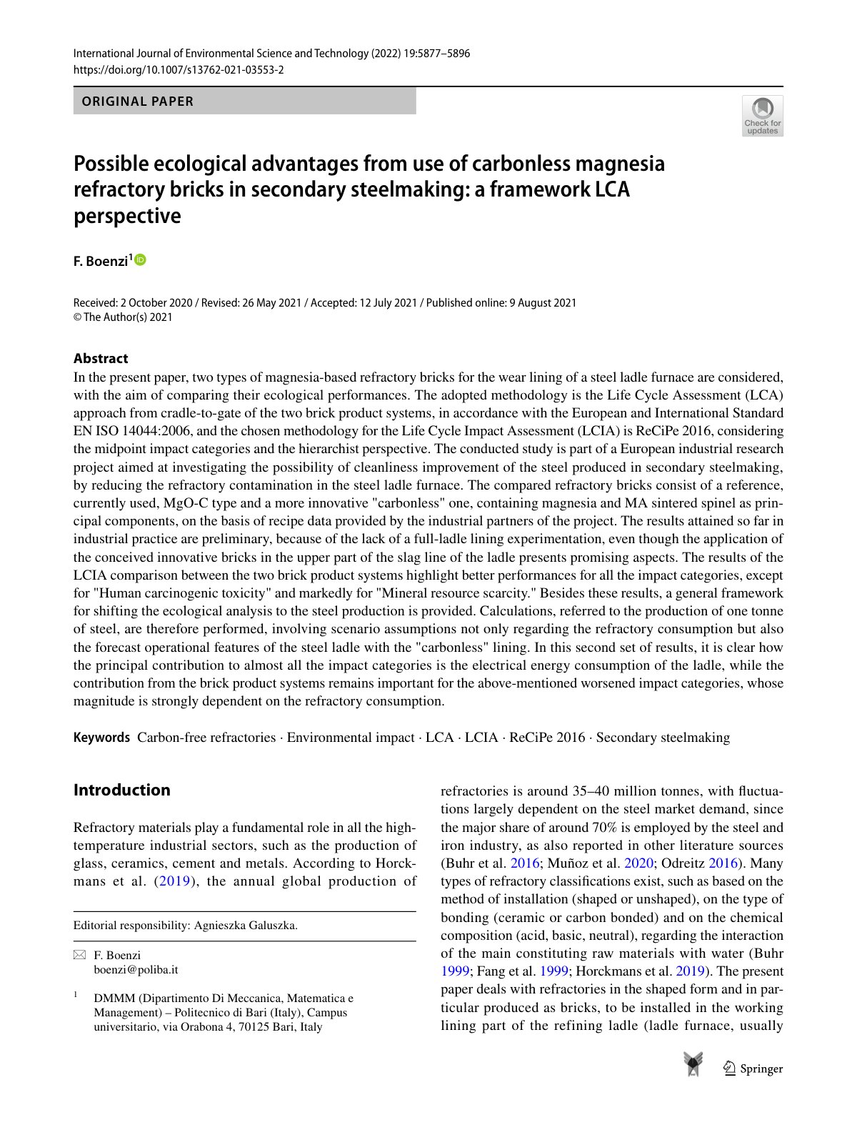 First page of Possible ecological advantages from use of carbonless magnesia refractory bricks in secondary steelmaking: a framework LCA perspective