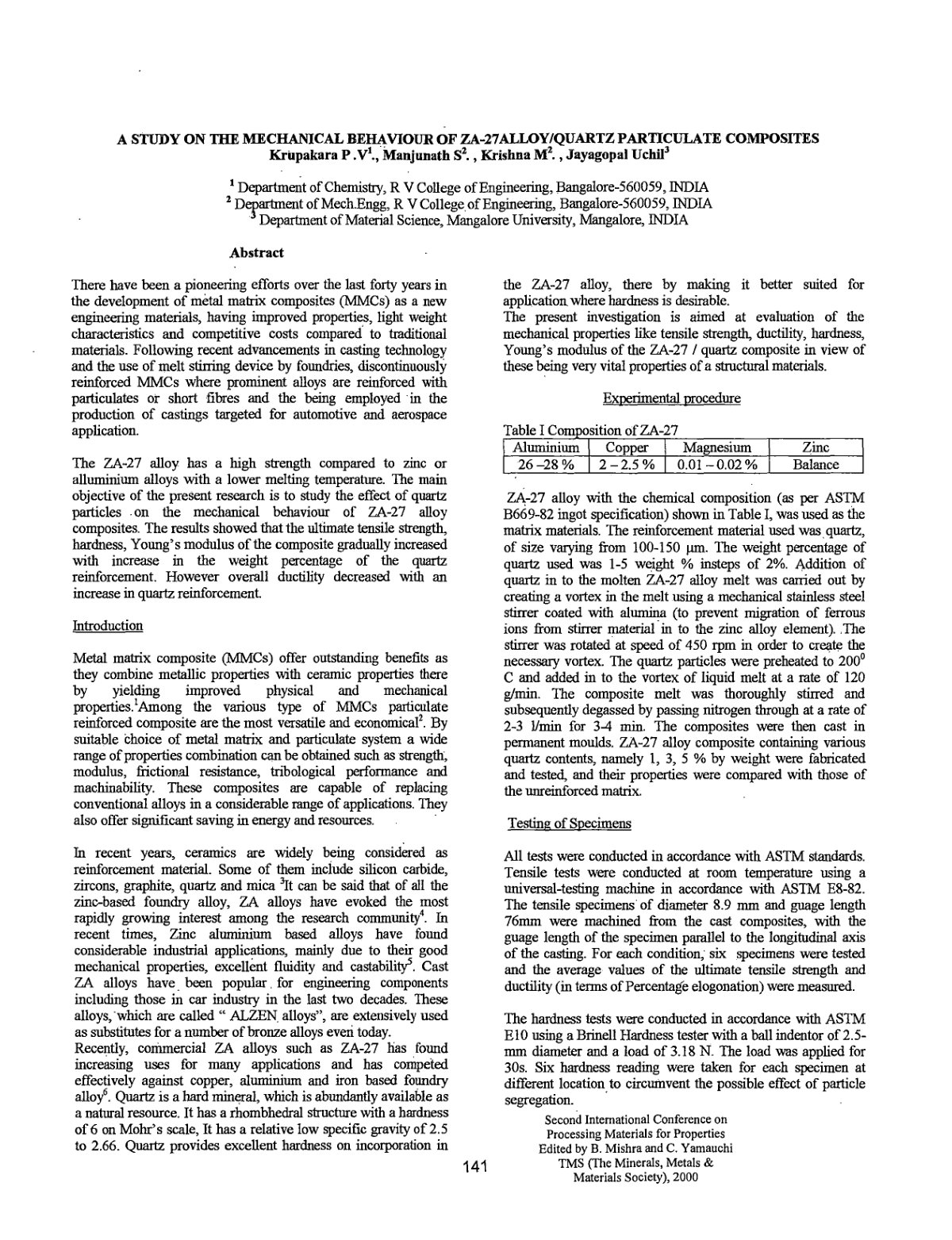 First page of A STUDY ON THE MECHANICAL BEHAVIOUR OF ZA-27ALLOY/QUARTZ PARTICULATE COMPOSITES