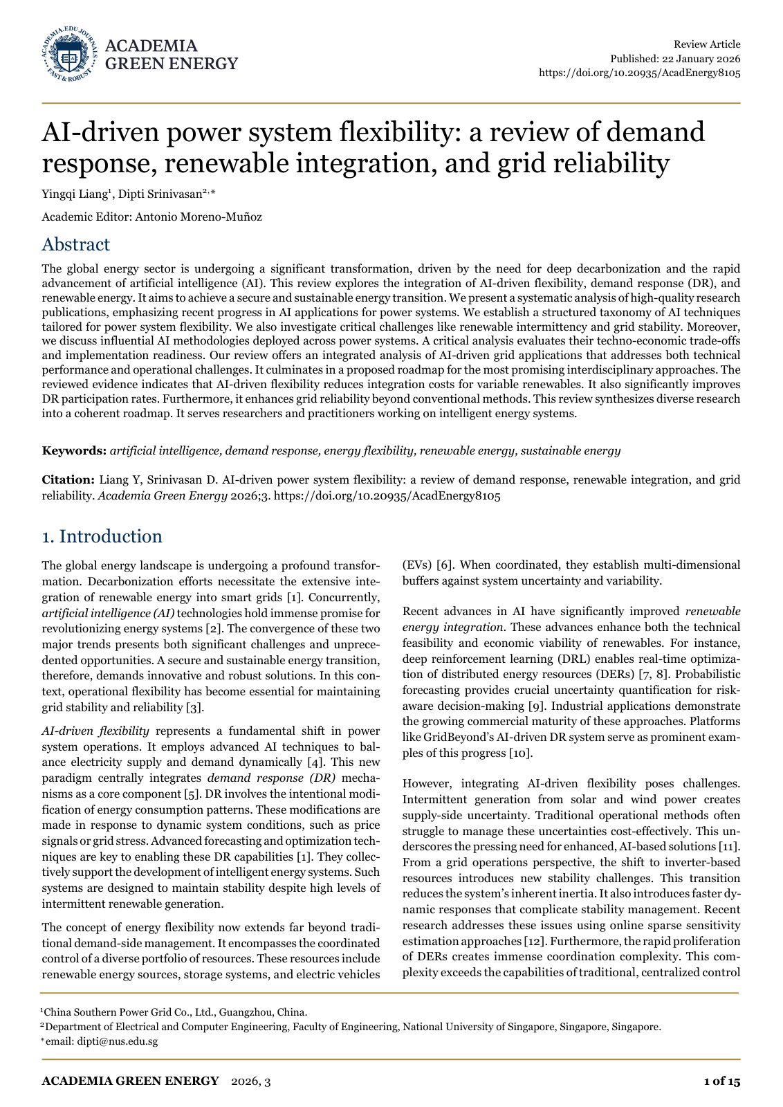 First page of AI-driven power system flexibility: a review of demand response, renewable integration, and grid reliability