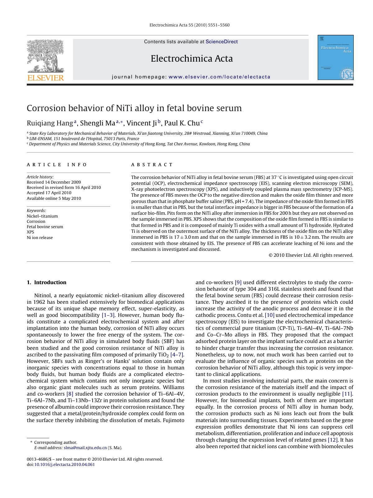 First page of Corrosion behavior of NiTi alloy in fetal bovine serum