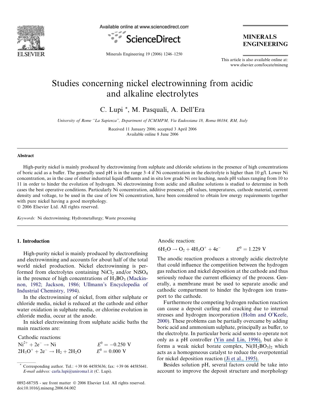 First page of Studies concerning nickel electrowinning