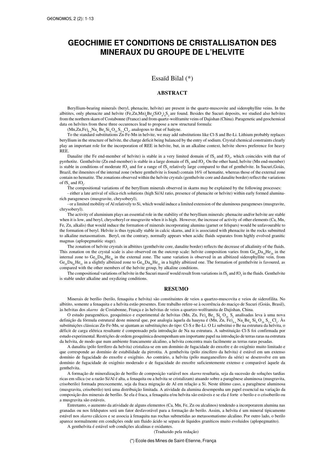 First page of Geochimie et Conditions De Cristallisati