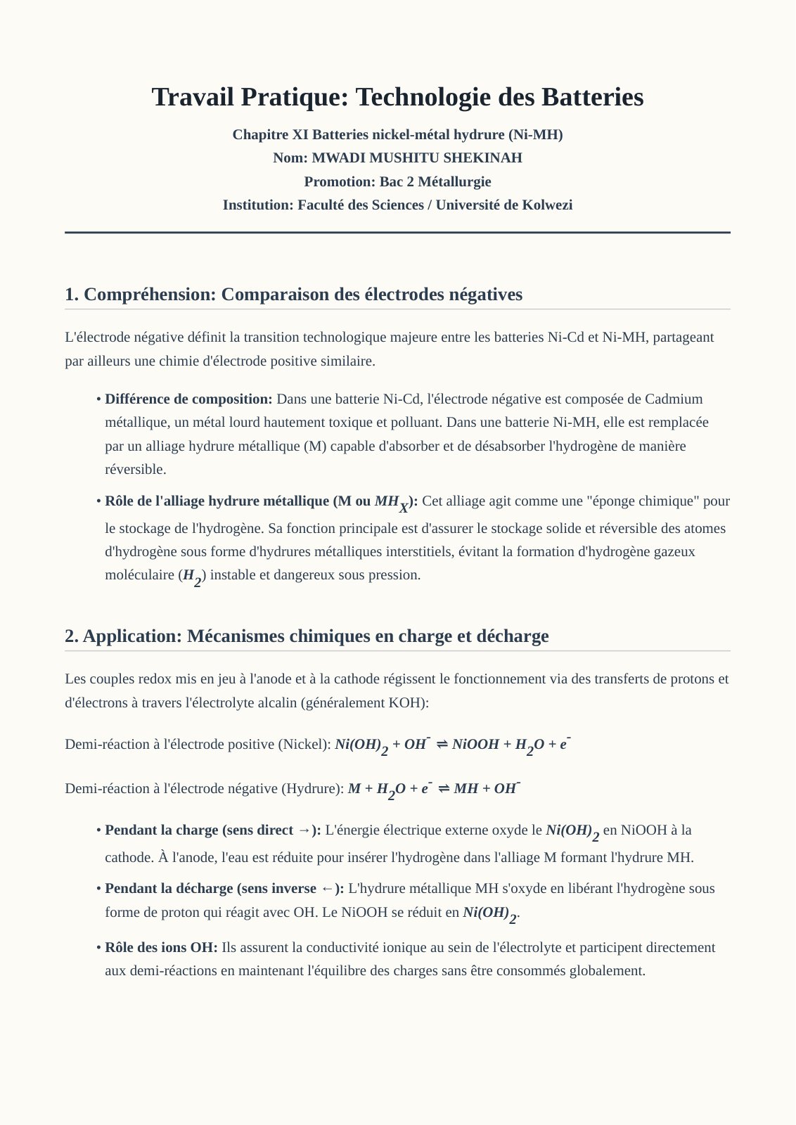 First page of Travail Pratique: Technologie des Batteries