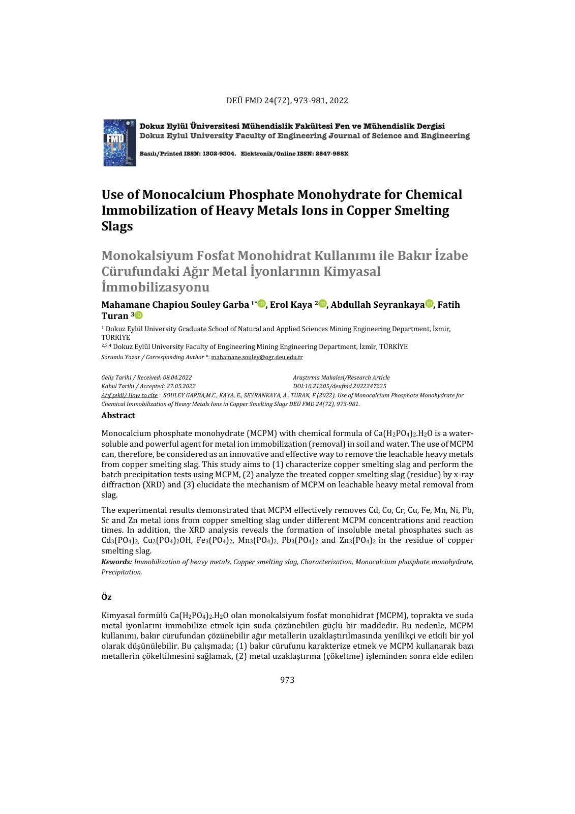 First page of Use of Monocalcium Phosphate Monohydrate for Chemical Immobilization of Heavy Metals Ions in Copper Smelting Slags