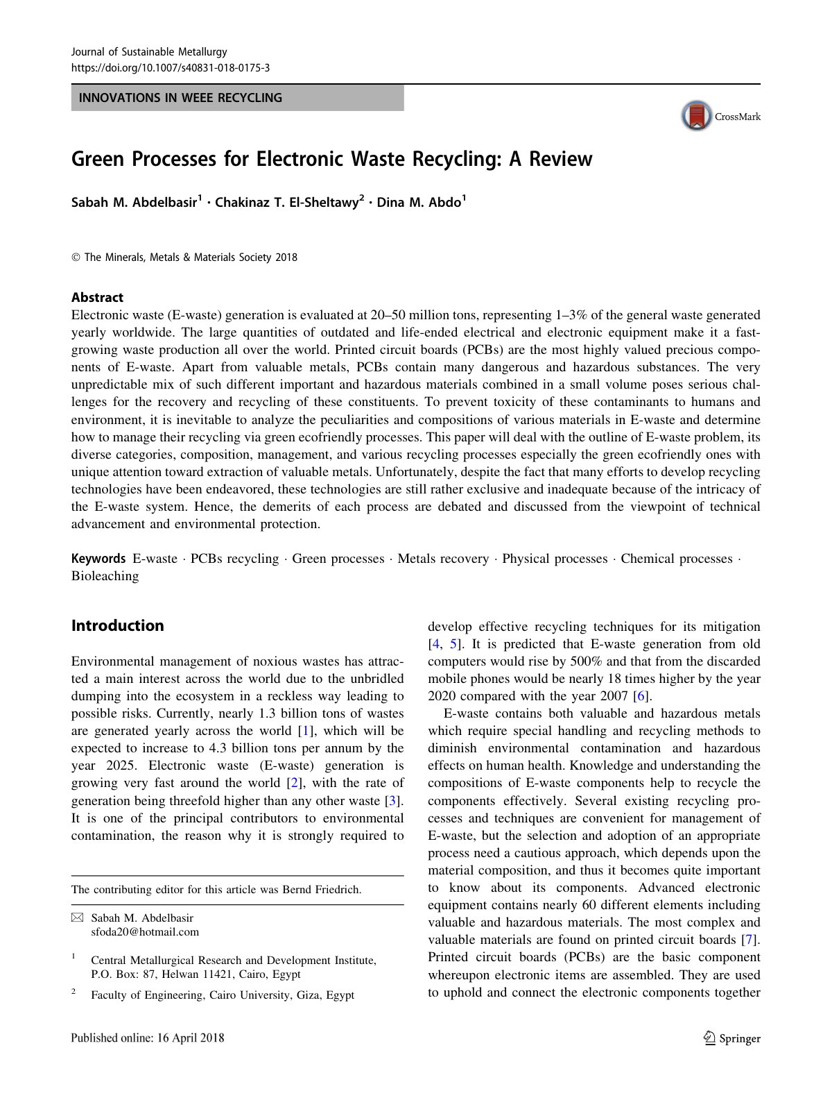 First page of Green Processes for Electronic Waste Rec