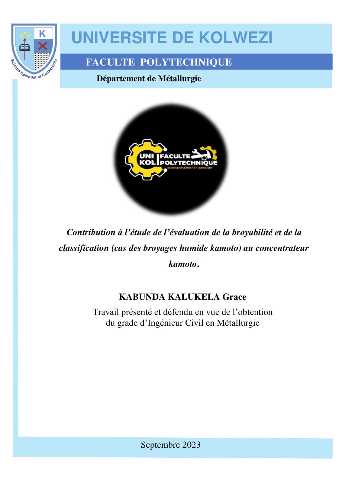 First page of Contribution à l’étude de l’évaluation de la broyabilité et de la classification (cas des broyages humide kamoto) au concentrateur kamoto.