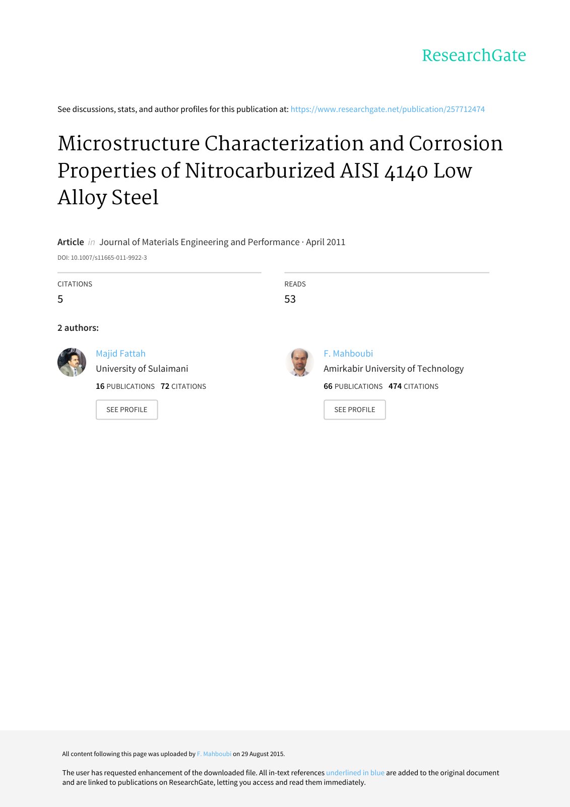 First page of Microstructure Characterization and Corrosion Properties of Nitrocarburized AISI 4140 Low Alloy Steel