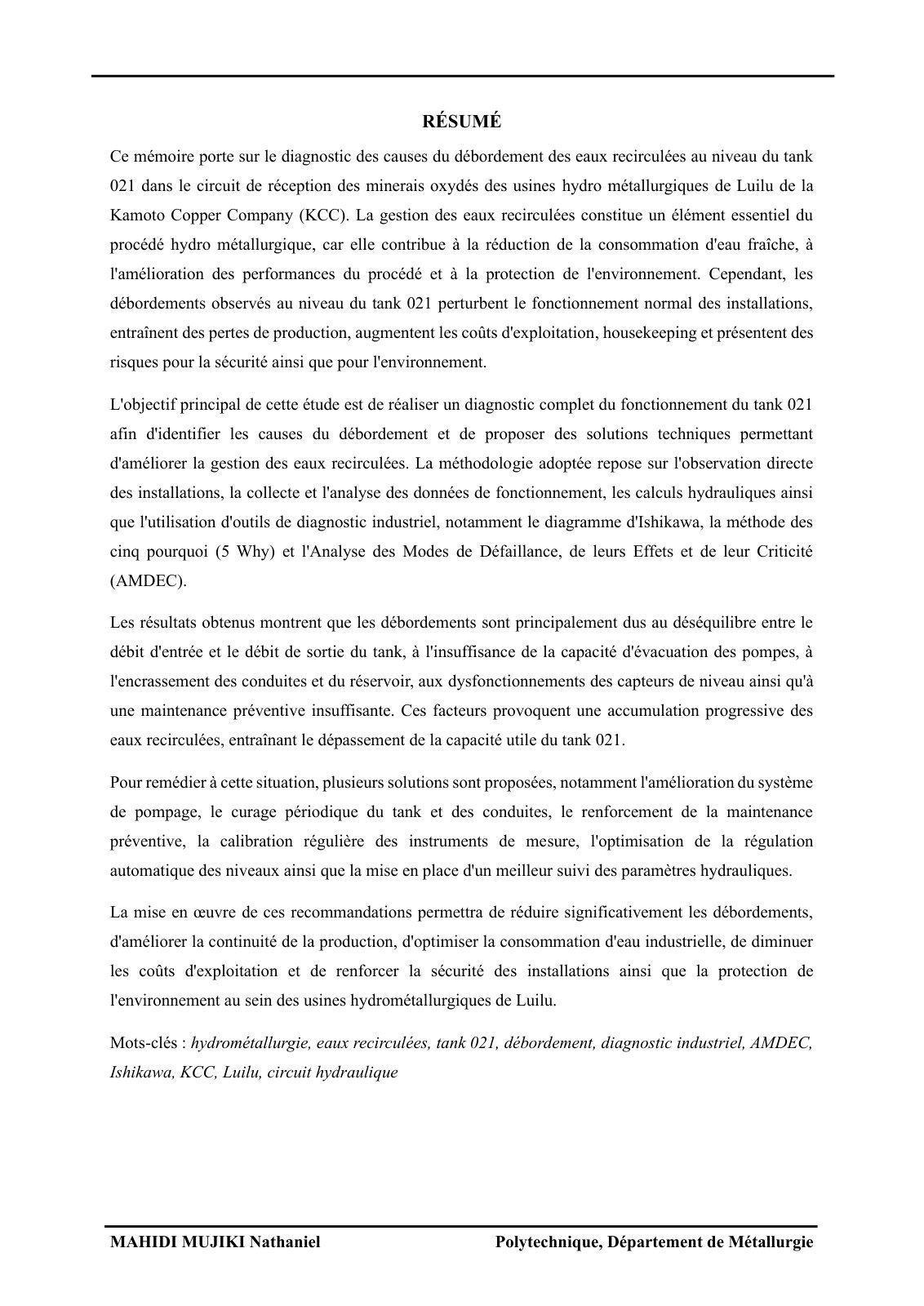 First page of Diagnostic des causes du débordement des eaux recirculées au niveau du tank 021