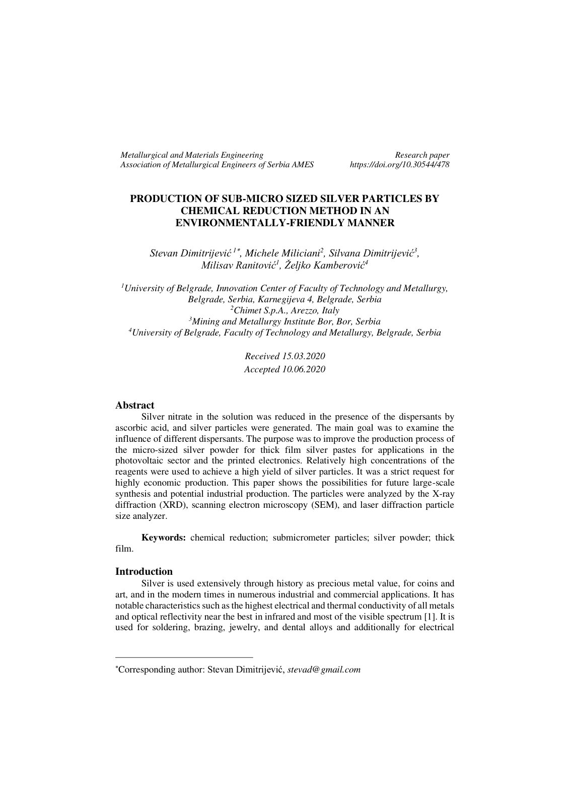 First page of PRODUCTION OF SUB-MICRO SIZED SILVER PARTICLES BY CHEMICAL REDUCTION METHOD IN AN ENVIRONMENTALLY-FRIENDLY MANNER