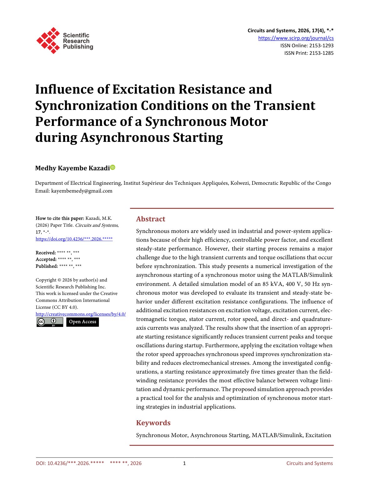 First page of Influence of Excitation Resistance and Synchronization Conditions on the Transient Performance of a Synchronous Motor during Asynchronous Starting