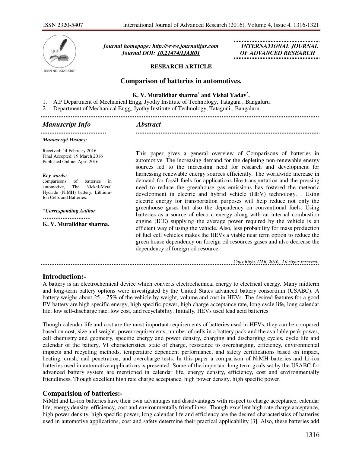 First page of Comparison of batteries in automotives