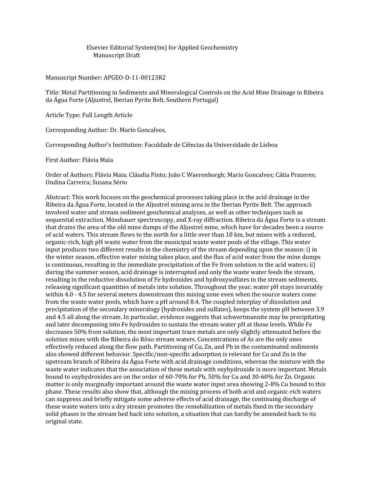 First page of Metal Partitioning in Sediments and Mineralogical Controls on the Acid Mine Drainage in Ribeira da Água Forte (Aljustrel, Iberian Pyrite Belt, Southern Portugal)