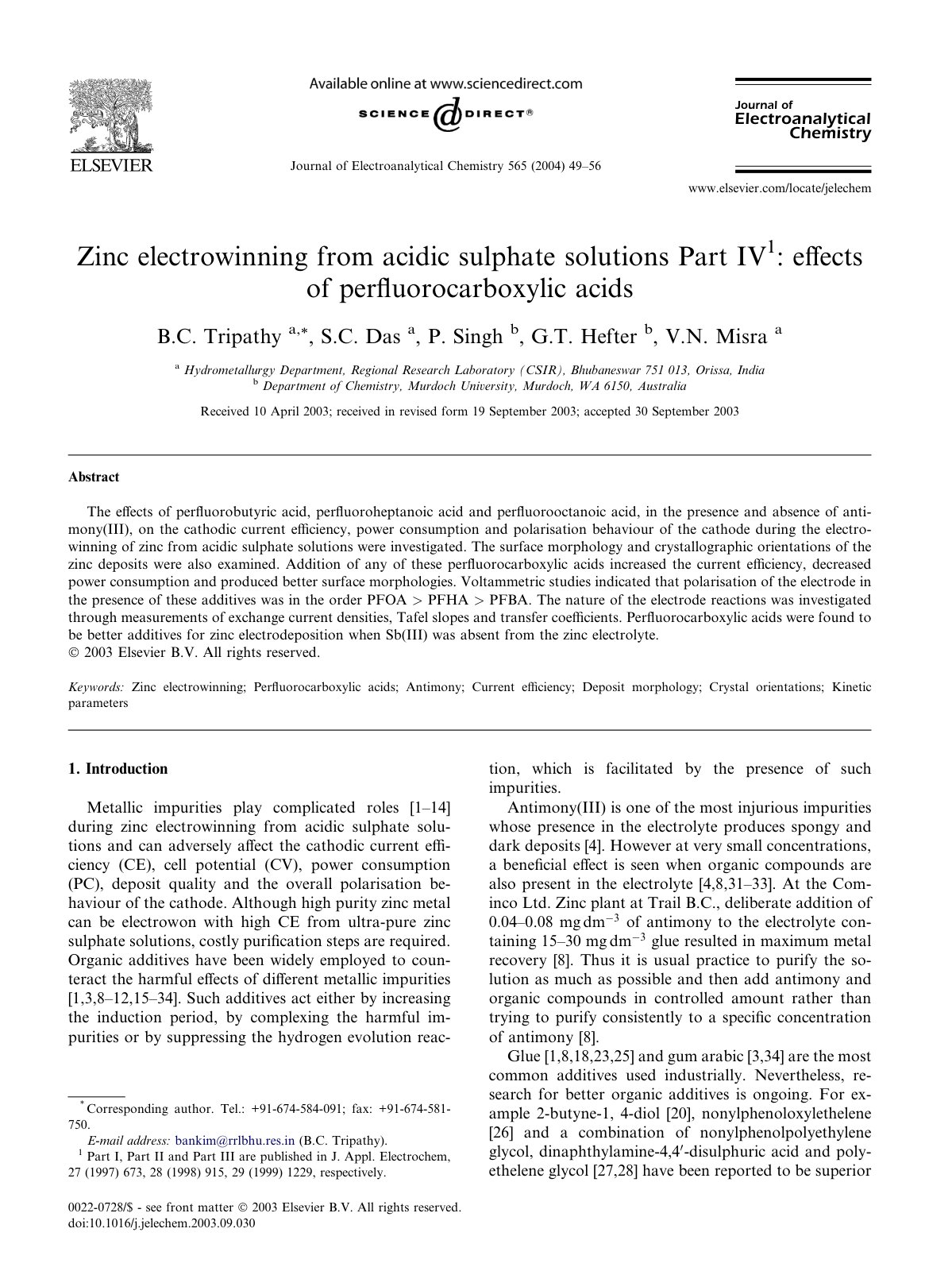 First page of Zinc electrowinning from acidic sulphate solutions Part IV 1: eﬀects of perﬂuorocarboxylic acids