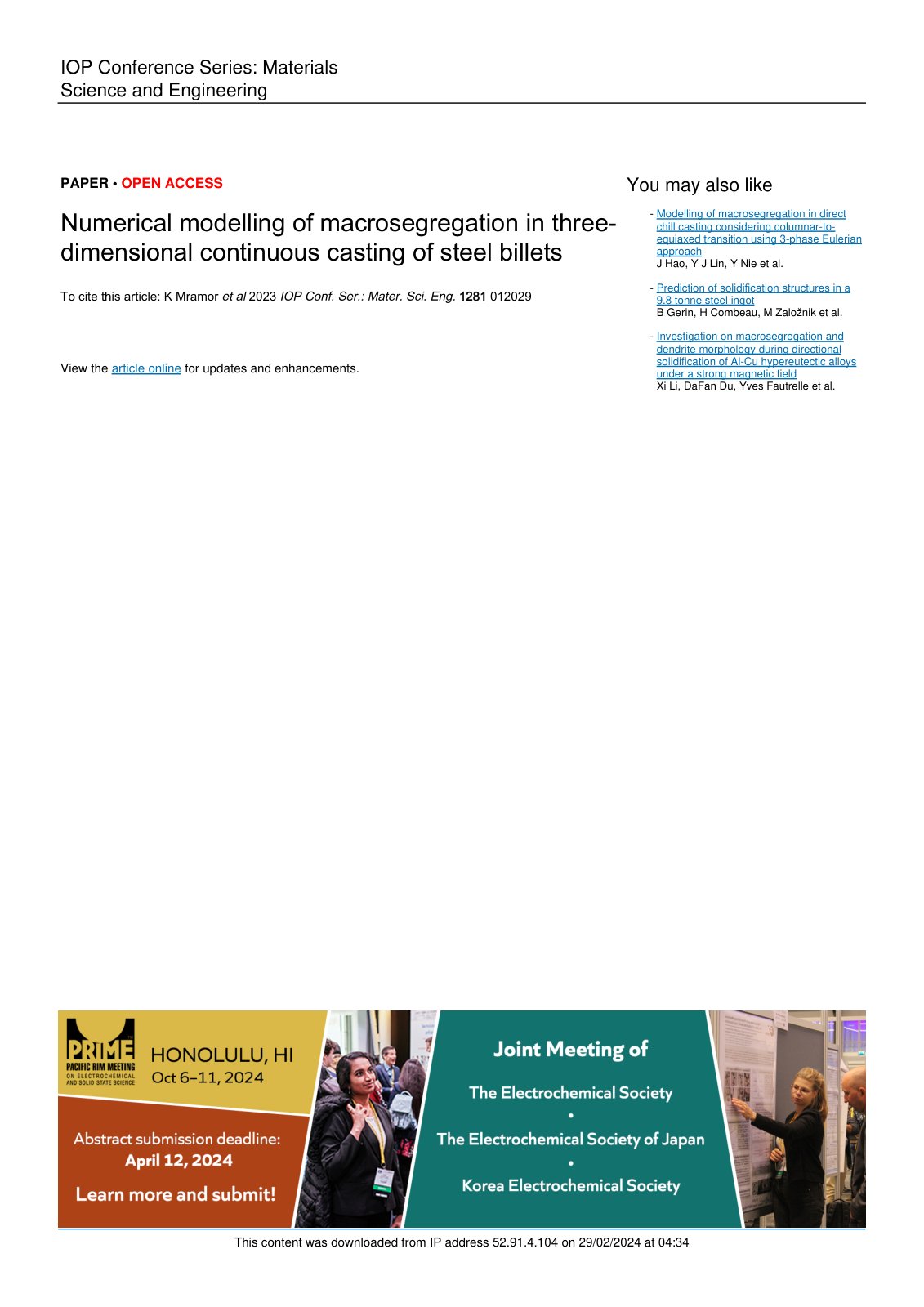 First page of Numerical modelling of macrosegregation