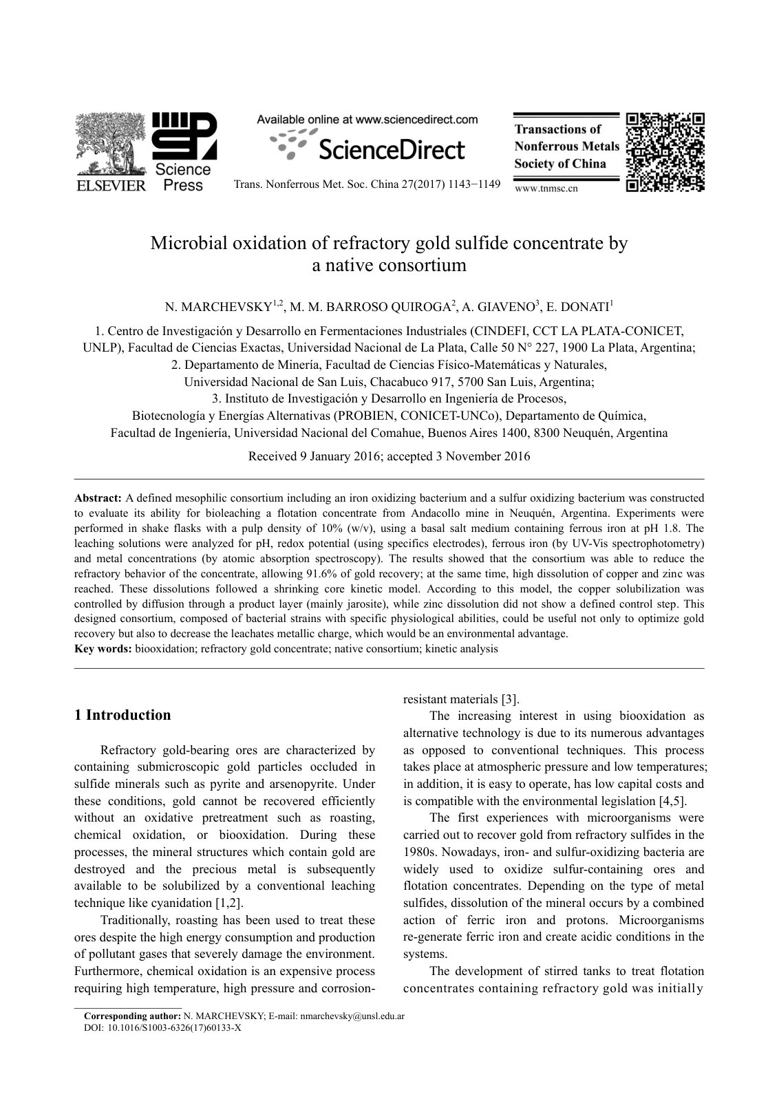 First page of Microbial oxidation of refractory gold s