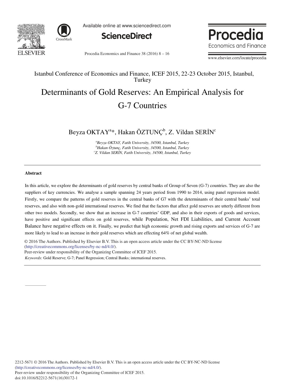 First page of Determinants of Gold Reserves An Empiric
