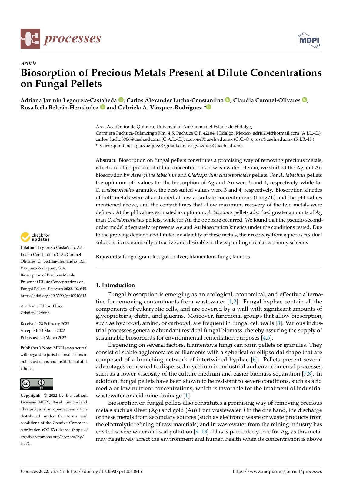 First page of Biosorption of Precious Metals Present a
