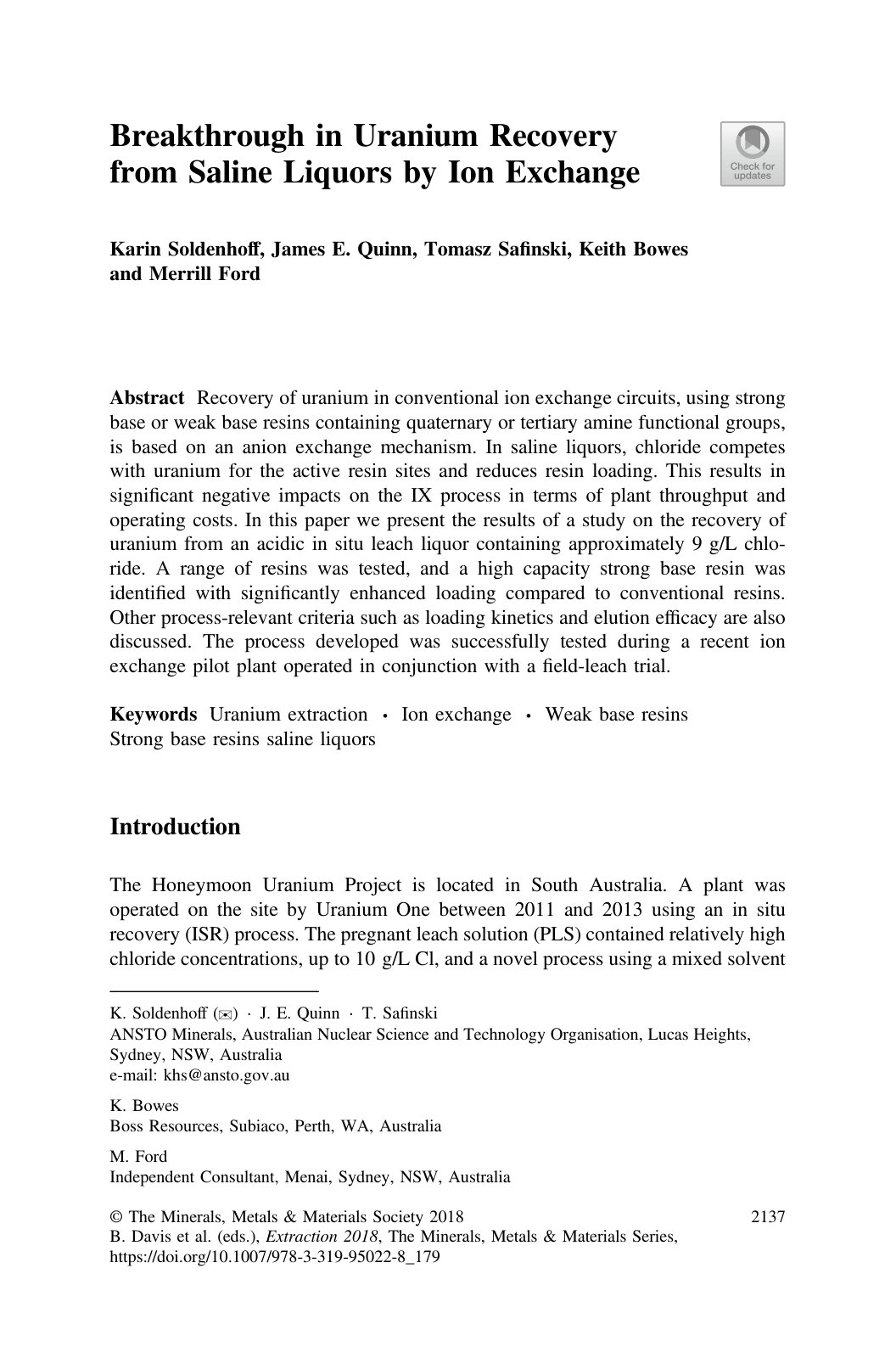 First page of Breakthrough in Uranium Recovery from Saline Liquors by Ion Exchange