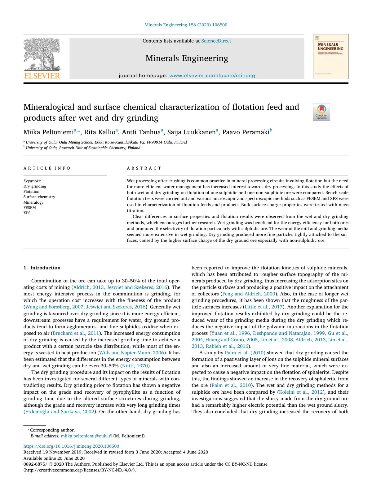 First page of Mineralogical and surface chemical characterization of flotation feed and products after wet and dry grinding