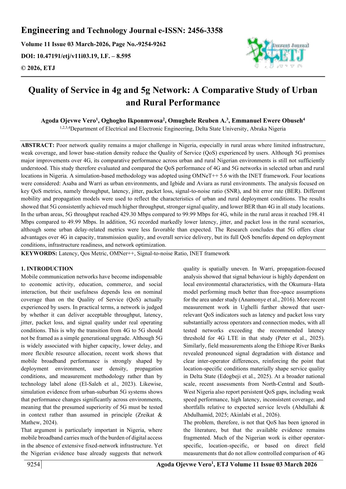First page of Quality of Service in 4g and 5g Network: A Comparative Study of Urban  and Rural Performance