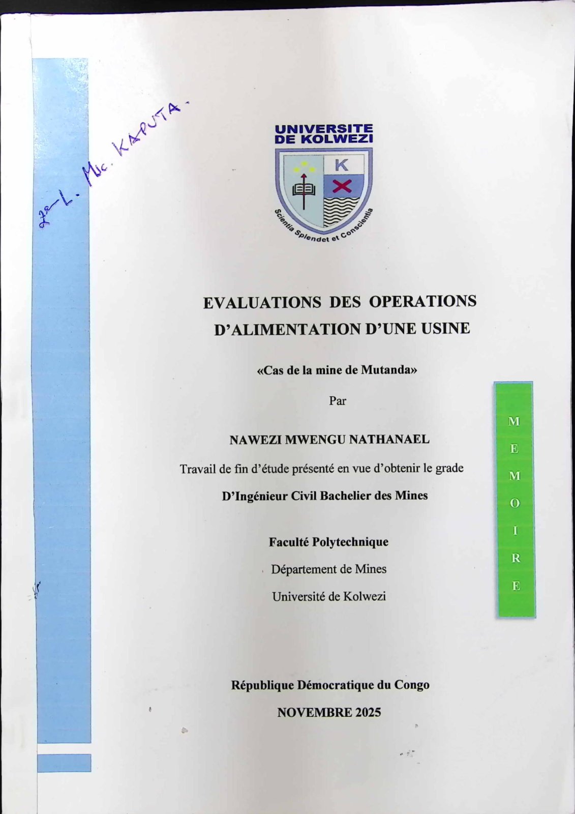 First page of EVALUATIONS DES OPERATIONS D’ALIMENTATION D’UNE USINE «Cas de la mine de Mutanda»