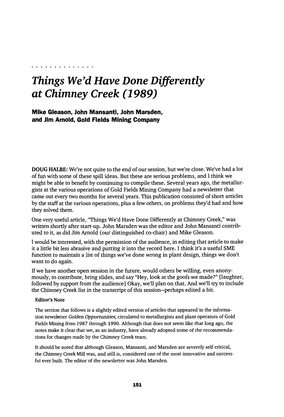 First page of Things We'd Have Done Diflerently at Chimney Creek   1989