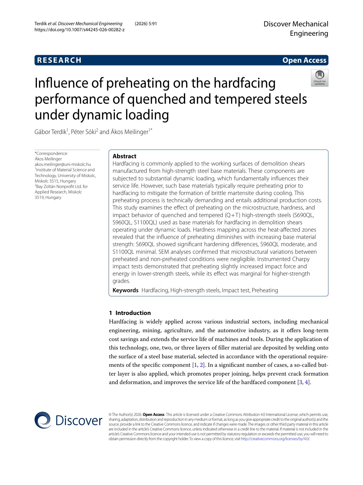 First page of 2026 Terdik Preheating Hardfacing Steels