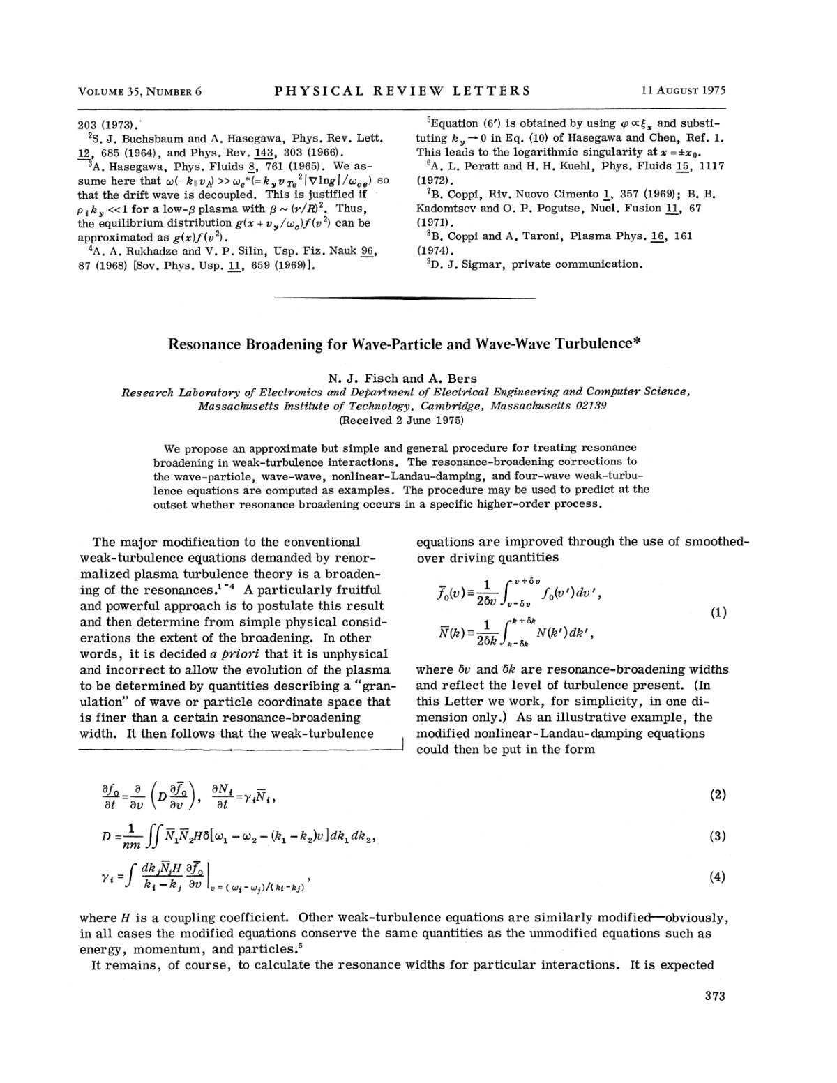 First page of Resonance Broadening for Wave Particle a