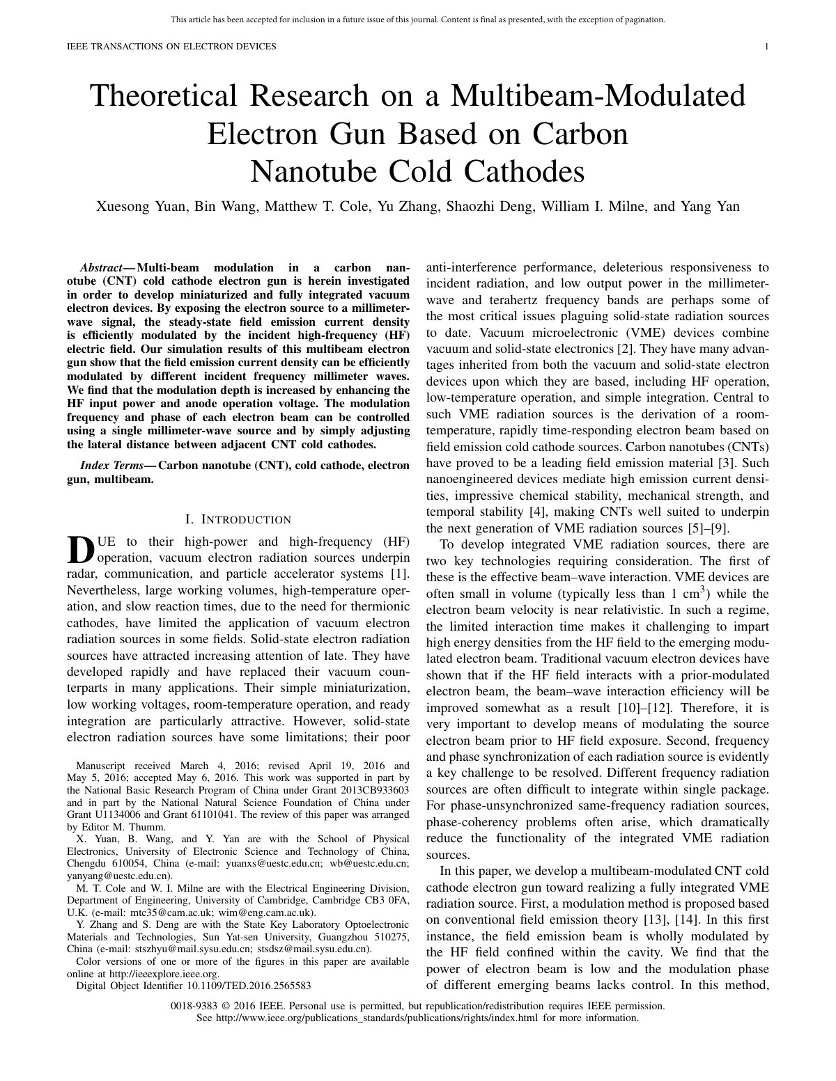 First page of Theoretical Research on a Multibeam-Modulated Electron Gun Based on Carbon Nanotube Cold Cathodes