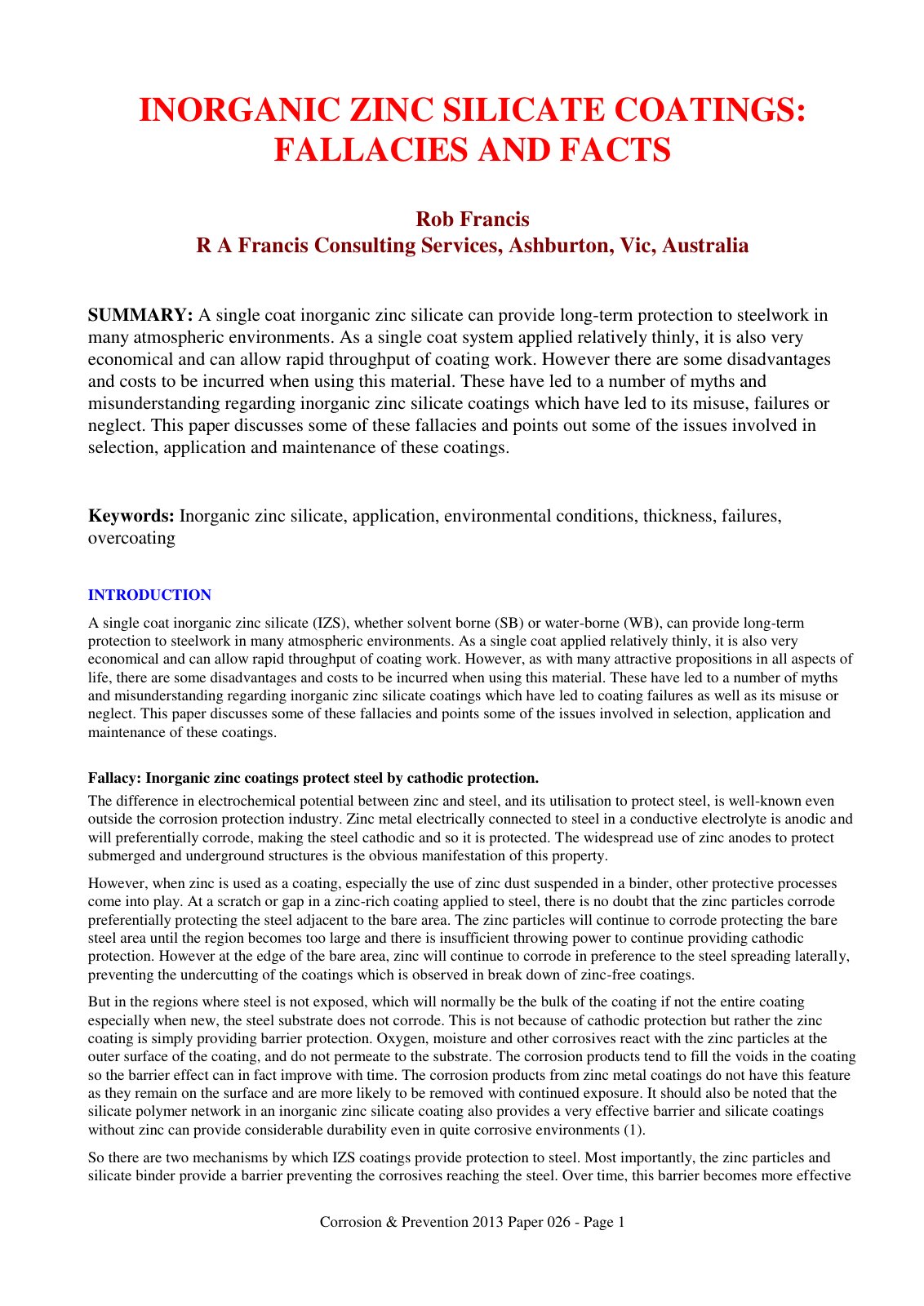 First page of Inorganic zinc silicate coatings Fallaci