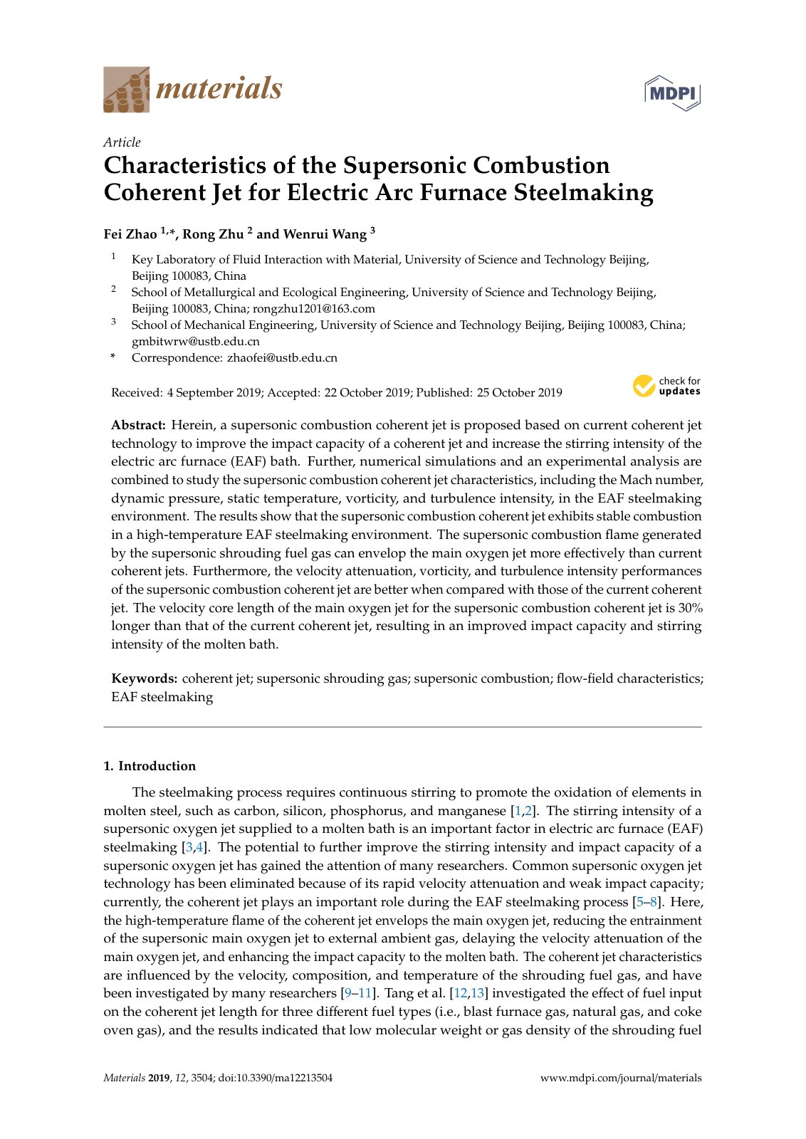 First page of Characteristics of the Supersonic Combustion Coherent Jet for Electric Arc Furnace Steelmaking