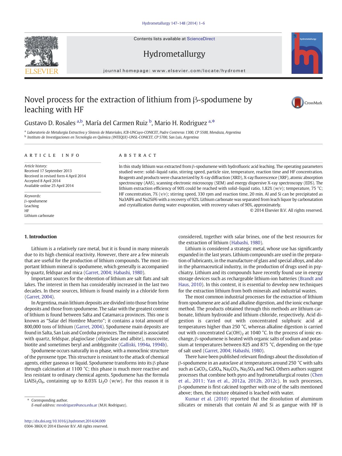 First page of Novel process for the extraction of lith