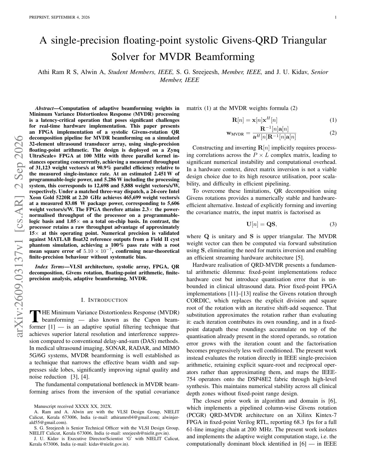 First page of A single-precision floating-point systolic Givens-QRD Triangular Solver for MVDR Beamforming