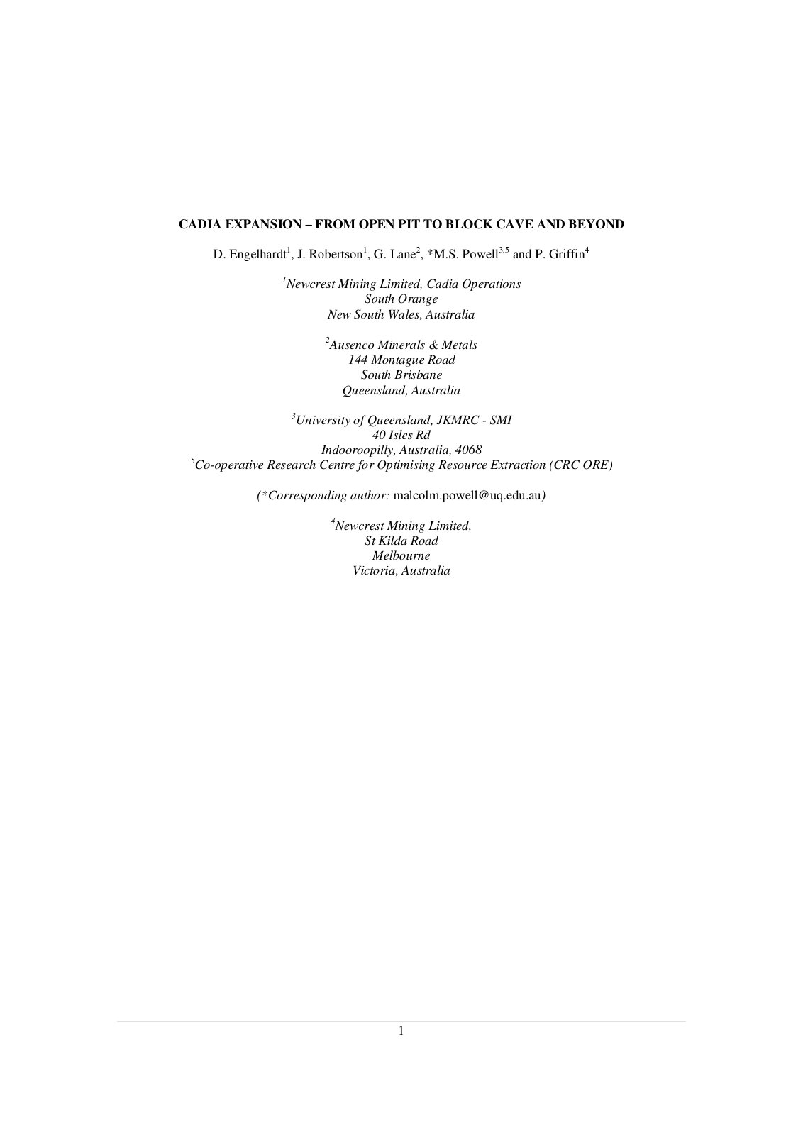 First page of Paper # 121   CADIA EXPANSION – FROM OPEN PIT TO BLOCK CAVE AND BEYOND
