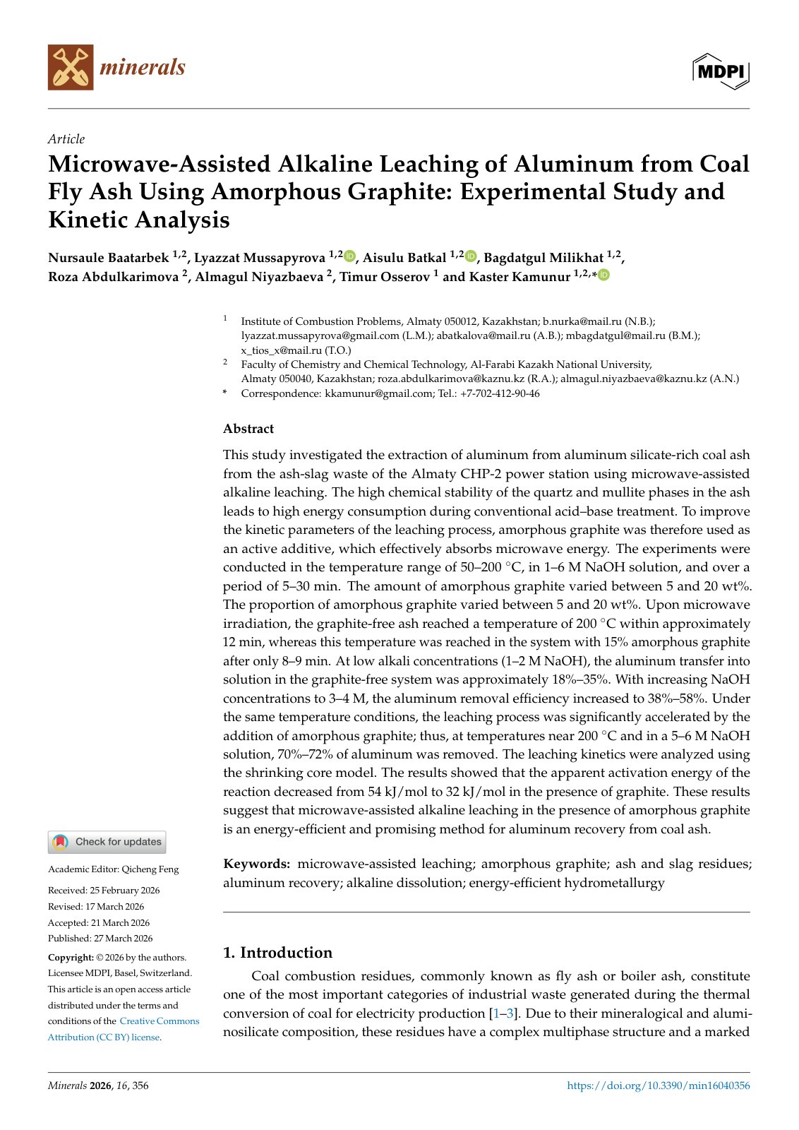 First page of 2026   Baatarbek   Microwave alkaline leaching of coal fly ash