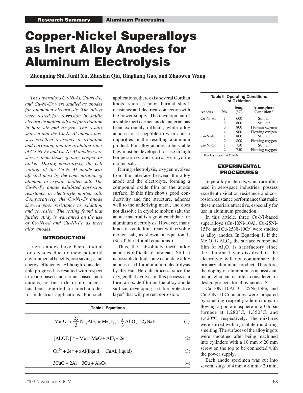 First page of Copper nickel superalloys as inert alloy