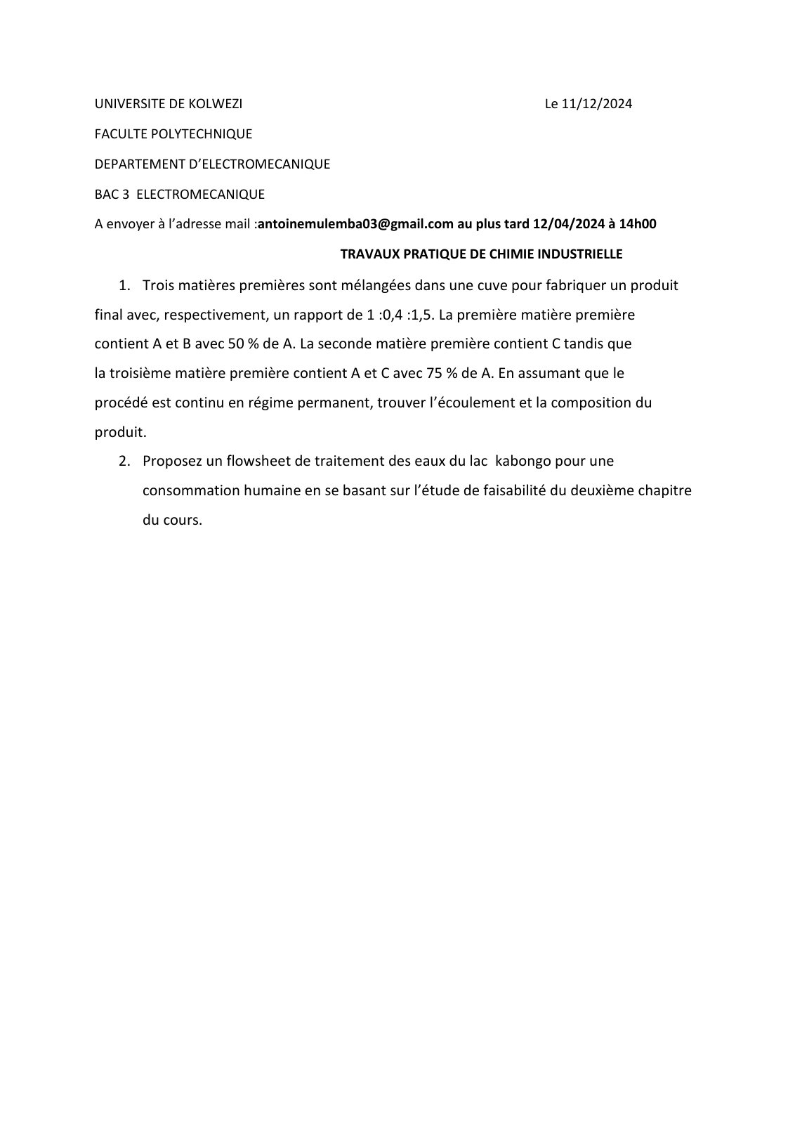 First page of TP CHIMIE IND BAC 3