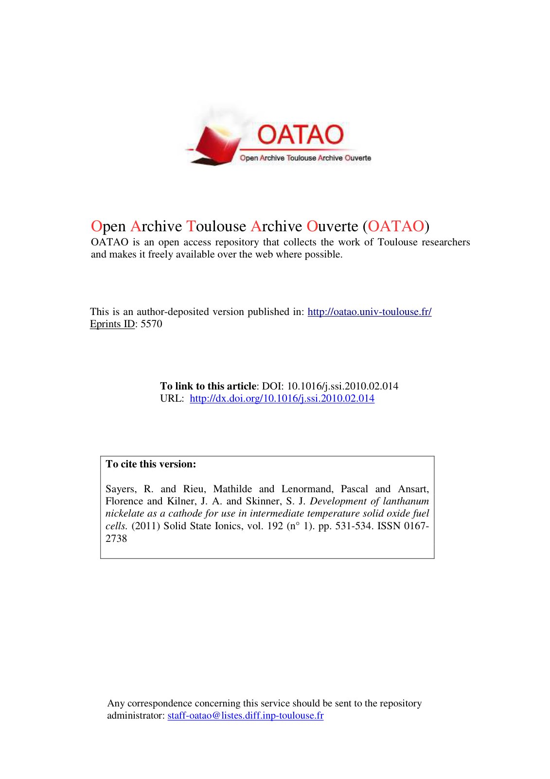 First page of Development of lanthanum nickelate as a cathode for use in intermediate temperature solid oxide fuel cells