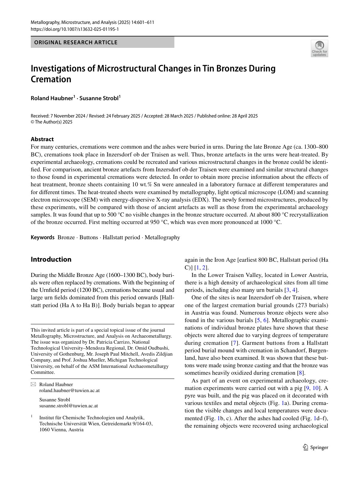 First page of 2025 Haubner Tin Bronze Microstructural Changes