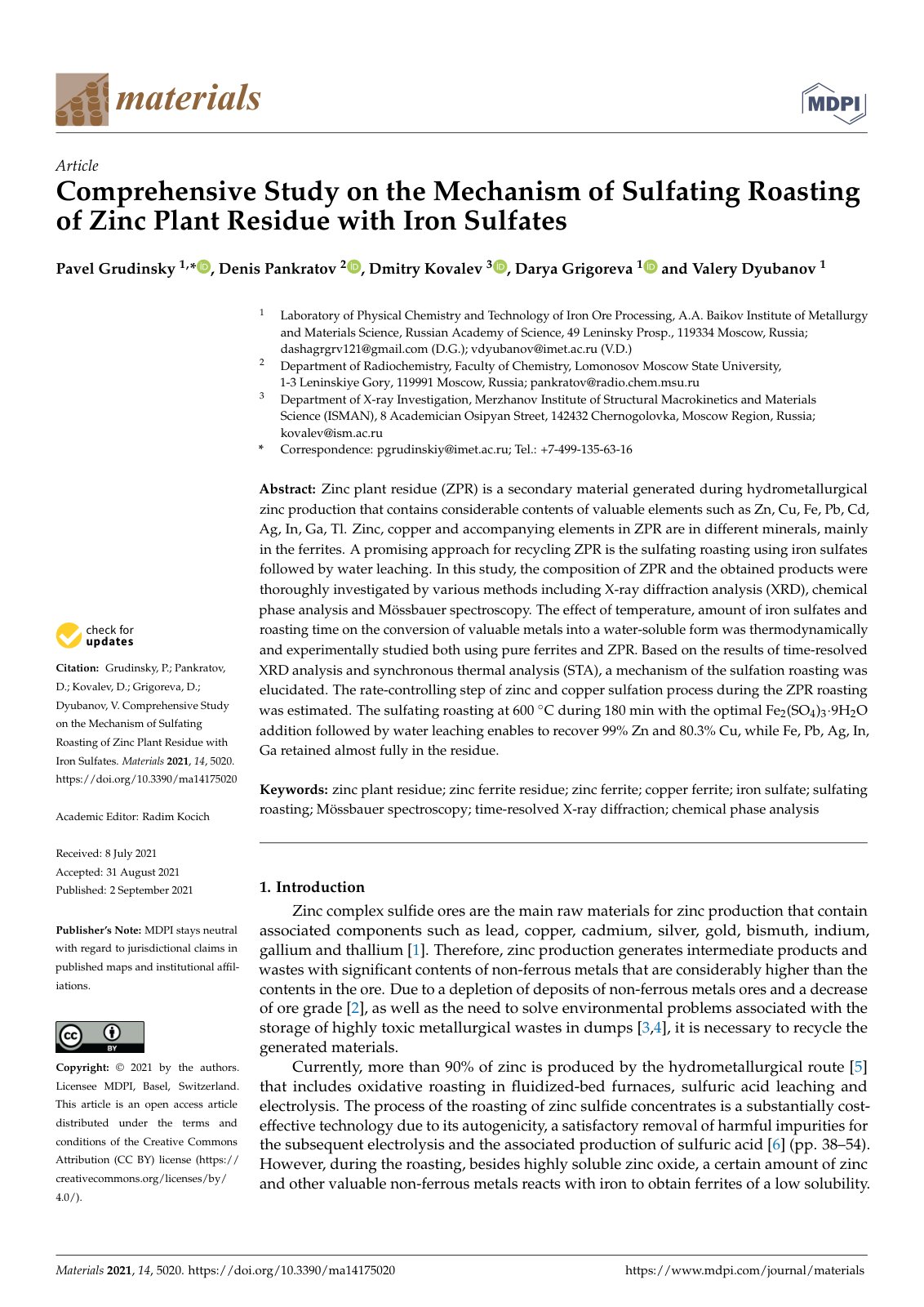 First page of Comprehensive Study on the Mechanism of Sulfating Roasting of Zinc Plant Residue with Iron Sulfates