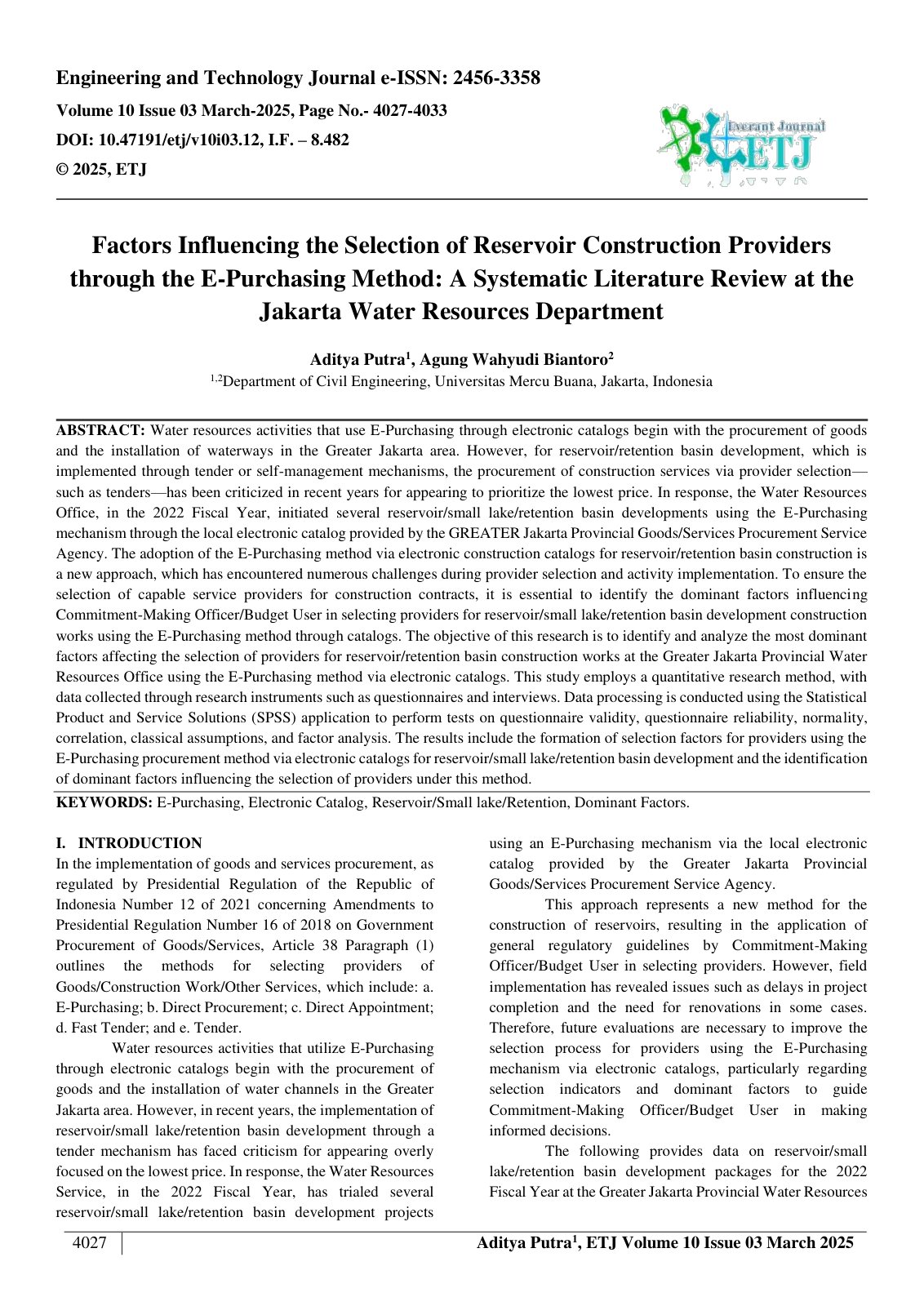 First page of Factors Influencing the Selection of Reservoir Construction Providers  through the E-Purchasing Method: A Systematic Literature Review at the  Jakarta Water Resources Department  