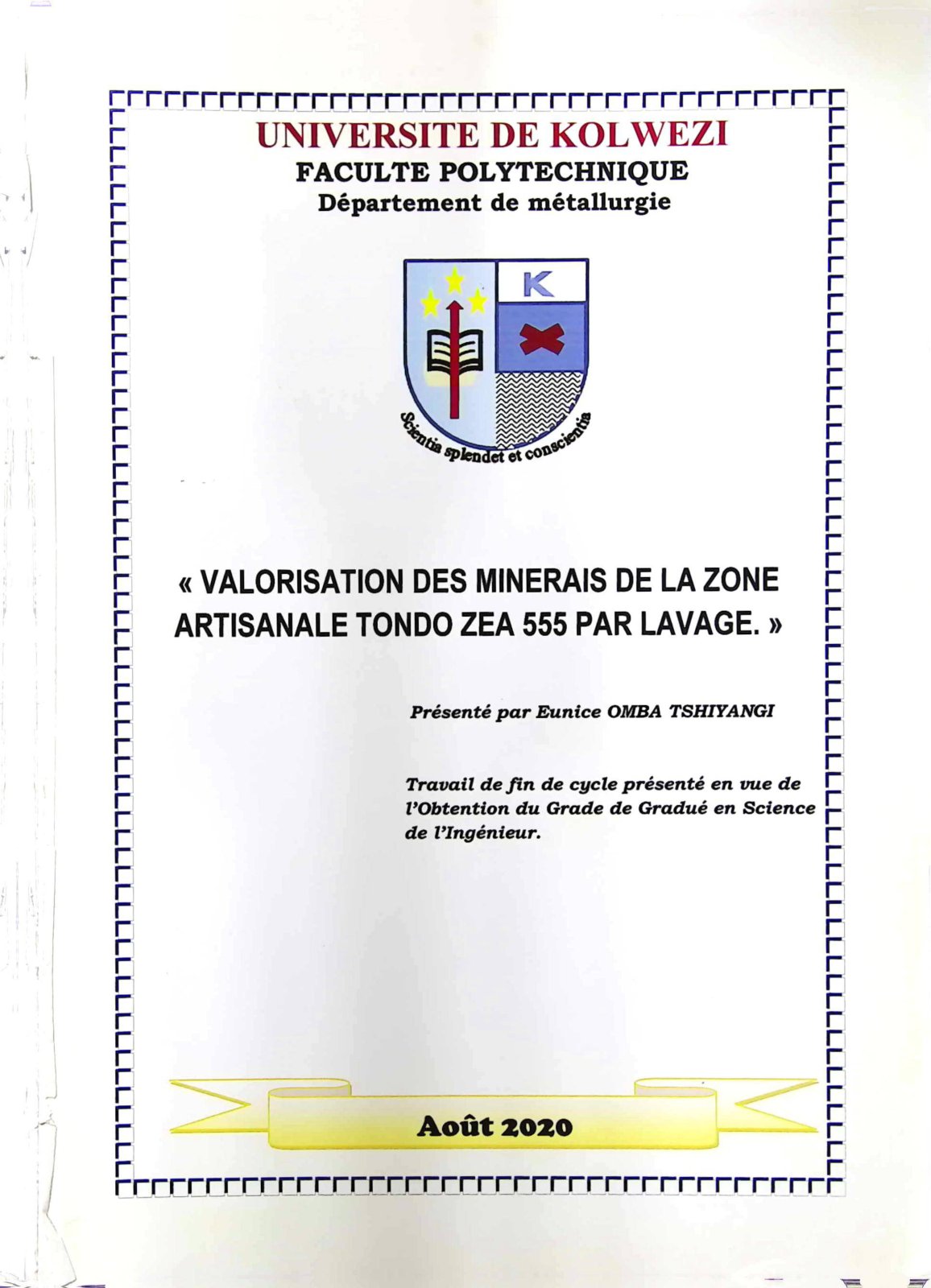 First page of VALORISATION DES MINERAIS DE LA ZONE ARTISANALE TONDO ZEA 555 PAR LAVAGE.