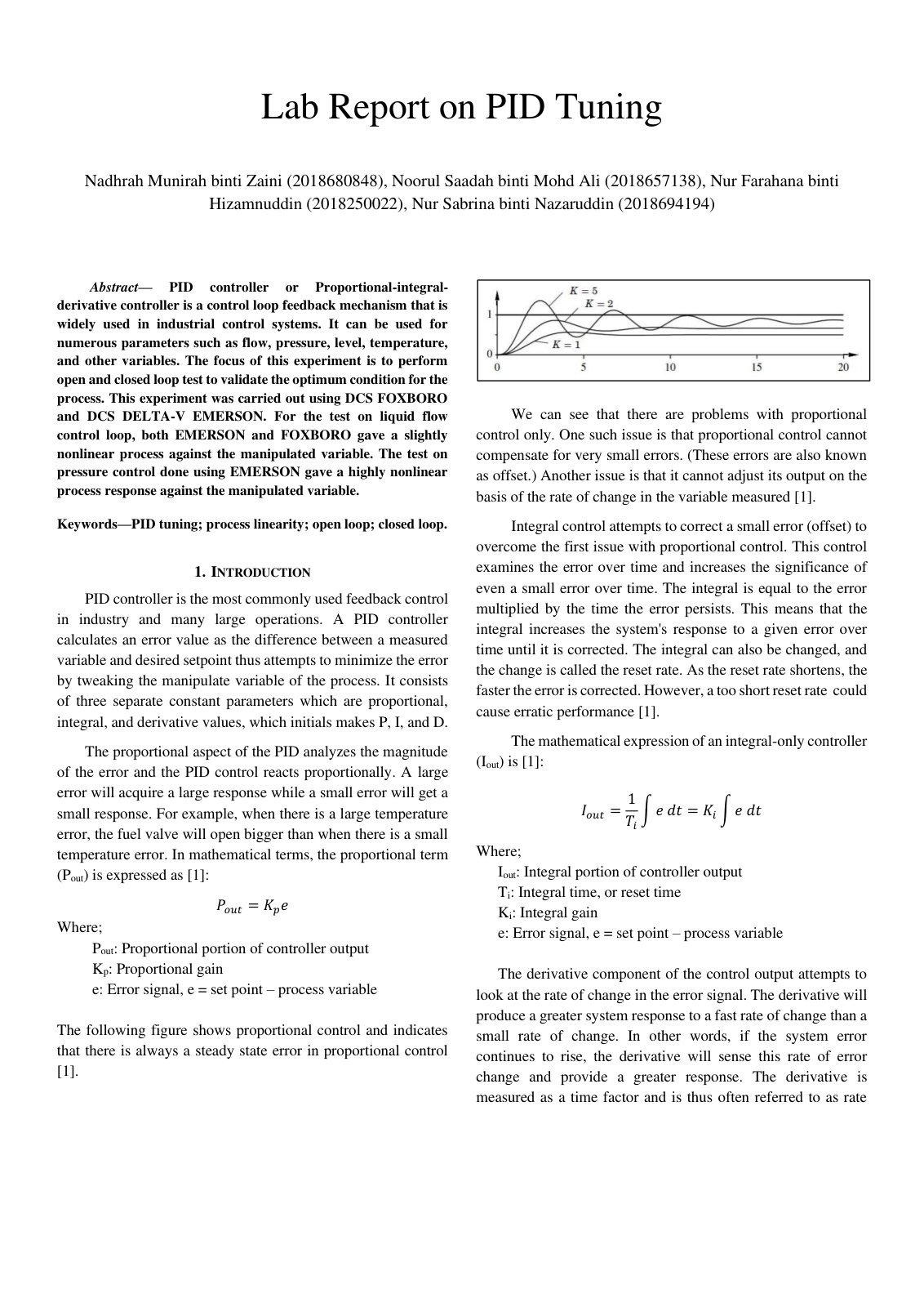 First page of Lab Report on PID Tuning