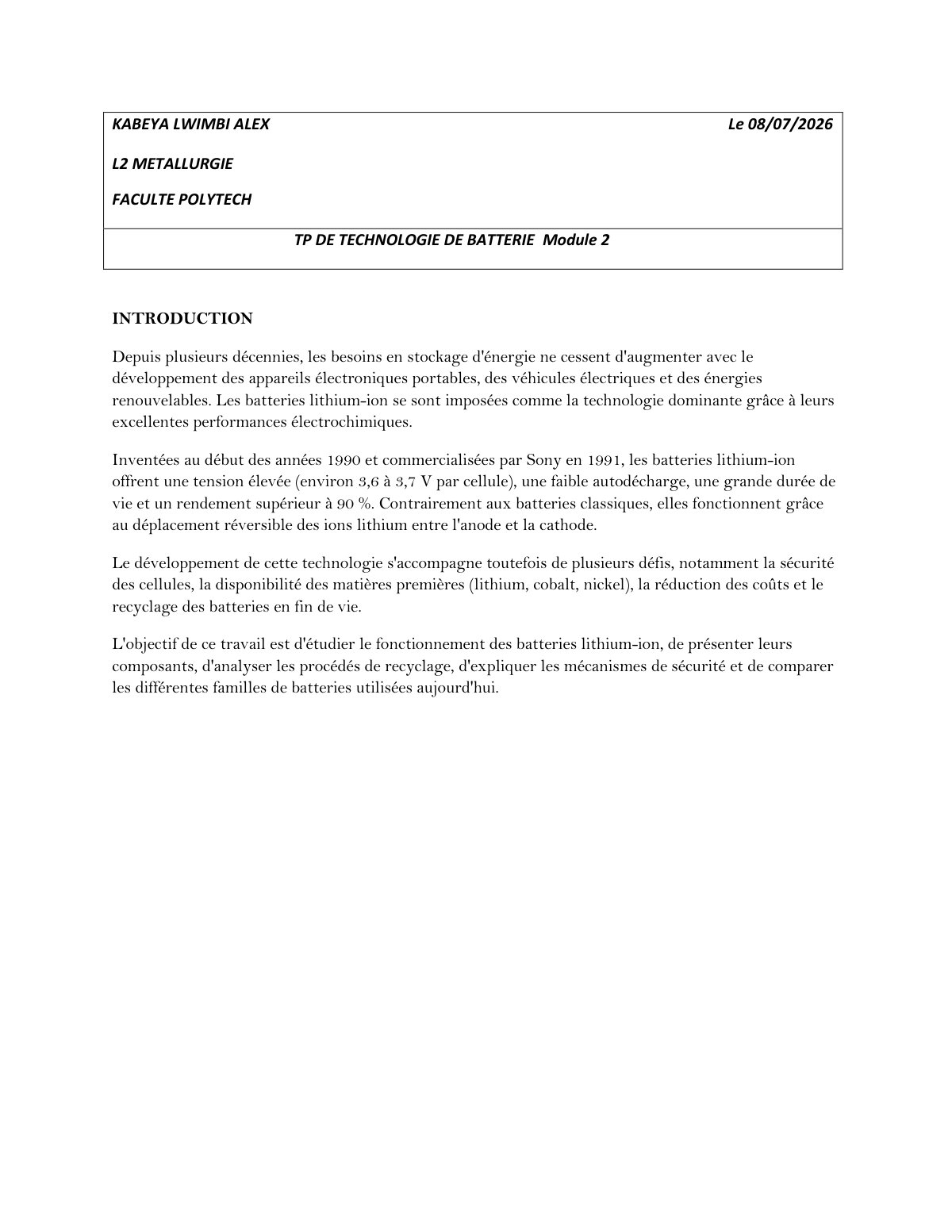 First page of TP DE TECHNOLOGIE DE BATTERIE Module 2