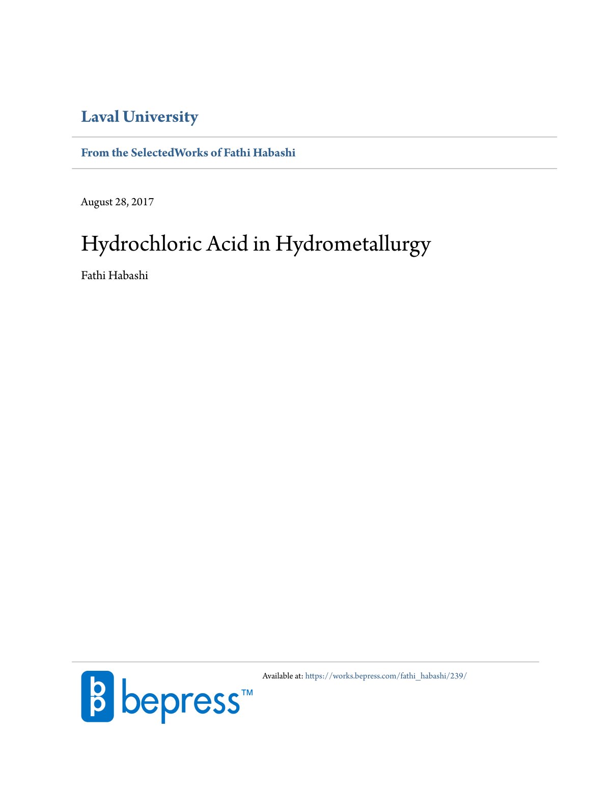 First page of Hydrochloric Acid in Hydrometallurgy