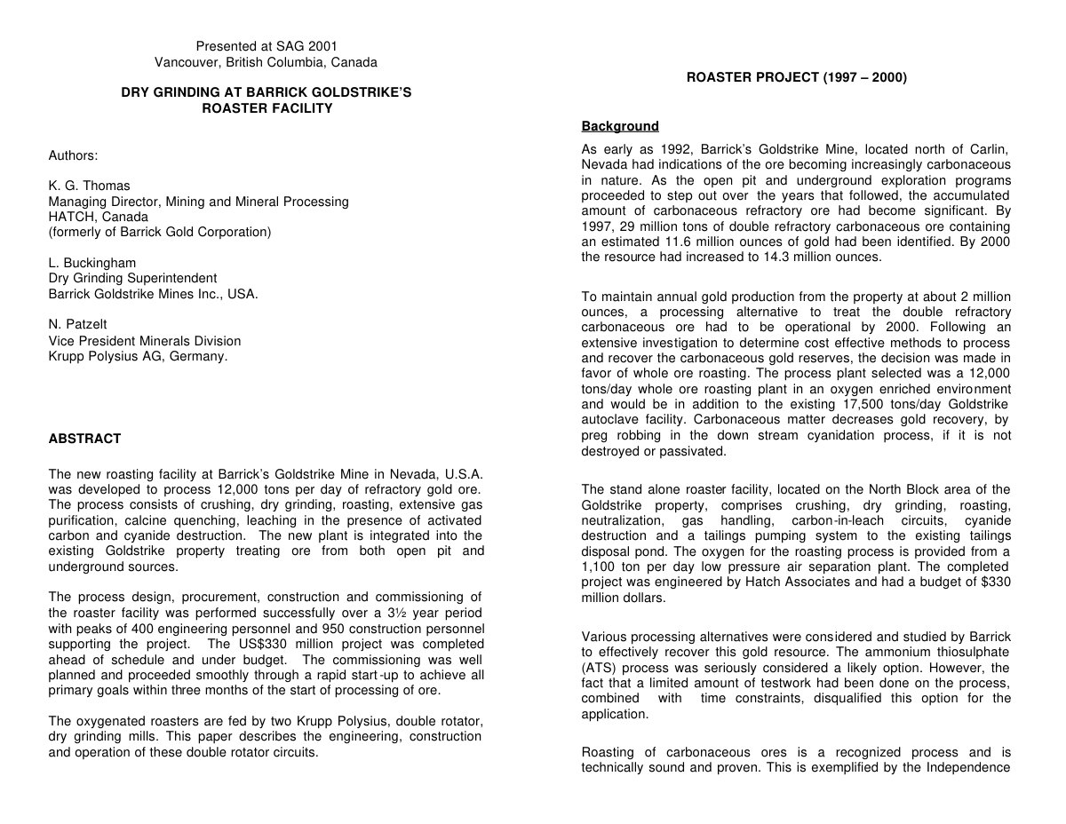 First page of HP0000443 (Dry Grinding at Barrick Goldstrike's Roaster Facility)