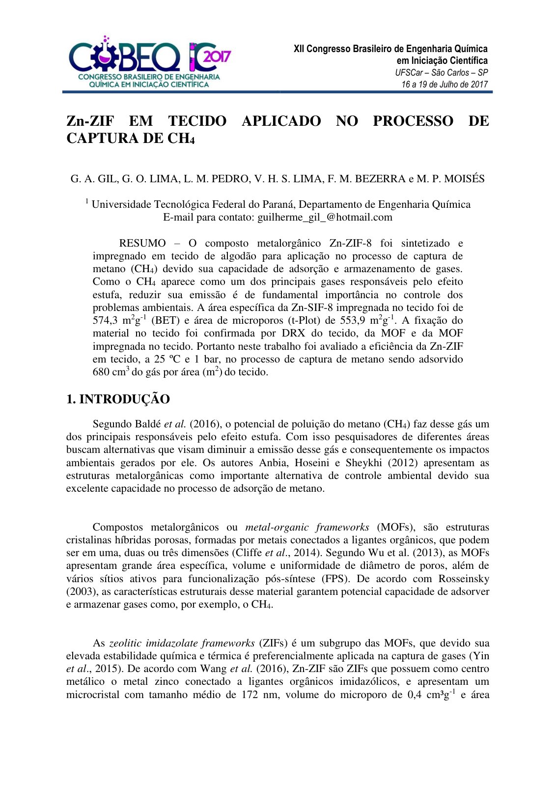 First page of Zn ZIF EM TECIDO APLICADO NO PROCESSO DE