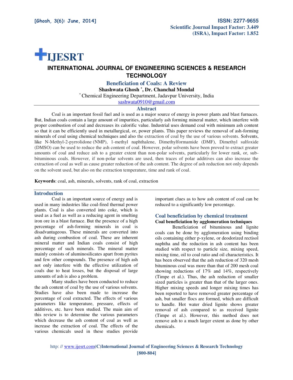 First page of Beneficiation of Coals A Review
