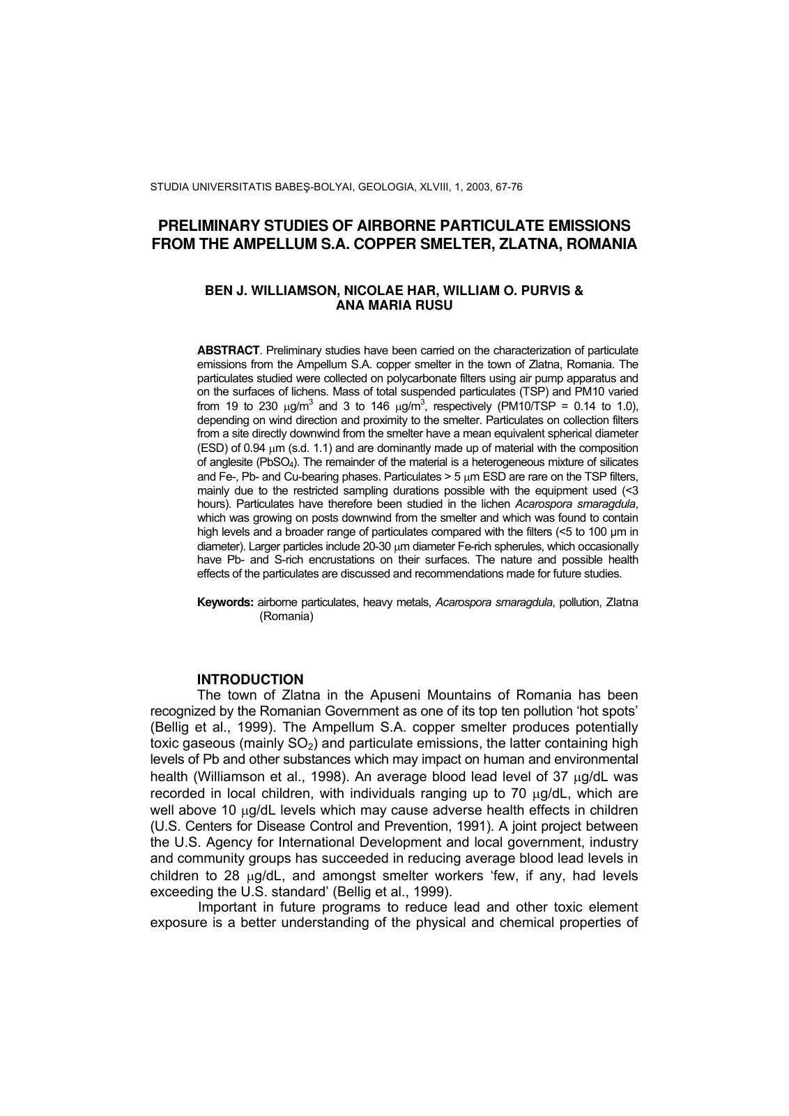 First page of PRELIMINARY STUDIES OF AIRBORNE PARTICULATE EMISSIONS FROM THE AMPELLUM S.A. COPPER SMELTER, ZLATNA, ROMANIA