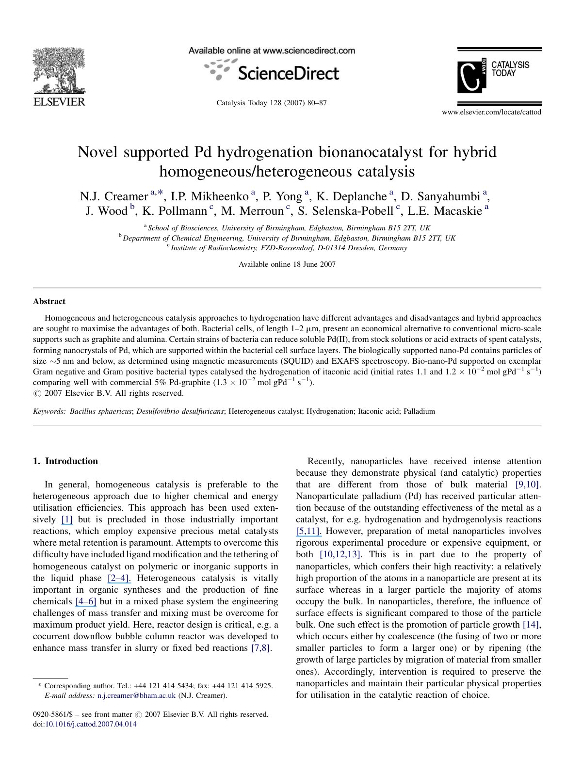 First page of Novel supported Pd hydrogenation bionano